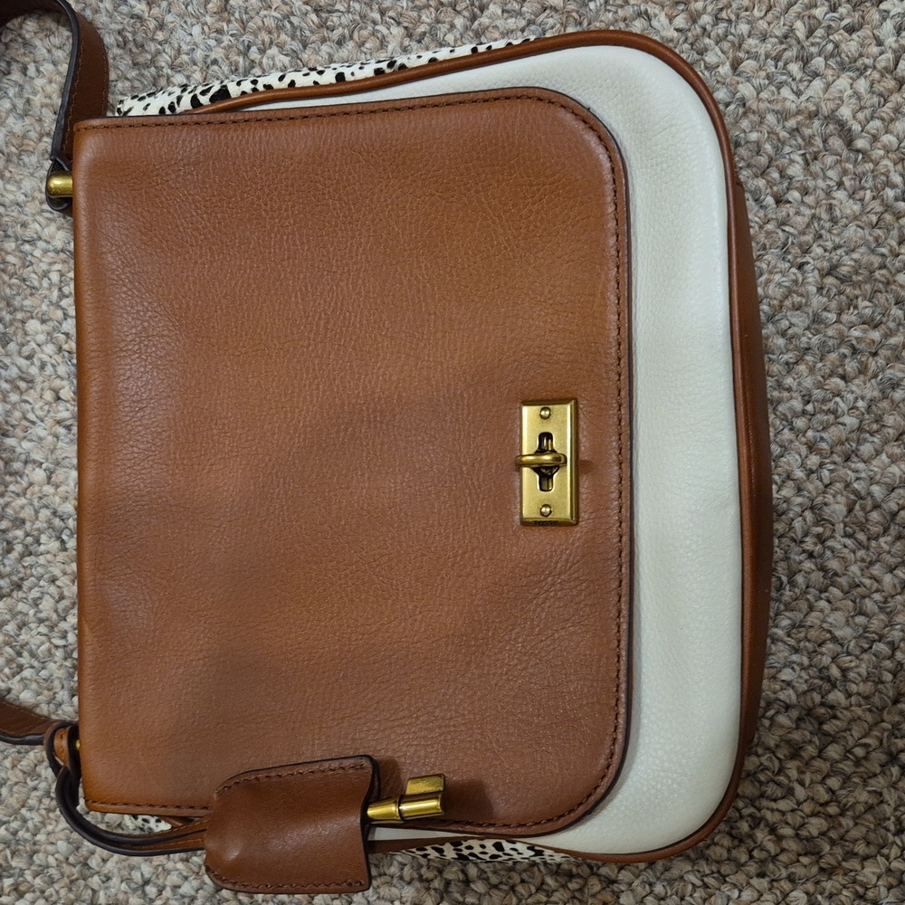 Fossil Memoir Novella Turn Lock Flap Brown & Cream Leather Crossbody Bag/Purse - Picture 2 of 15
